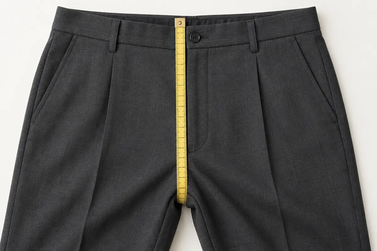 Measuring tape beside the front rise of charcoal office trousers