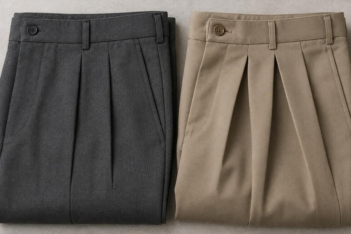 Two pleated trousers showing how pleats lie across the front