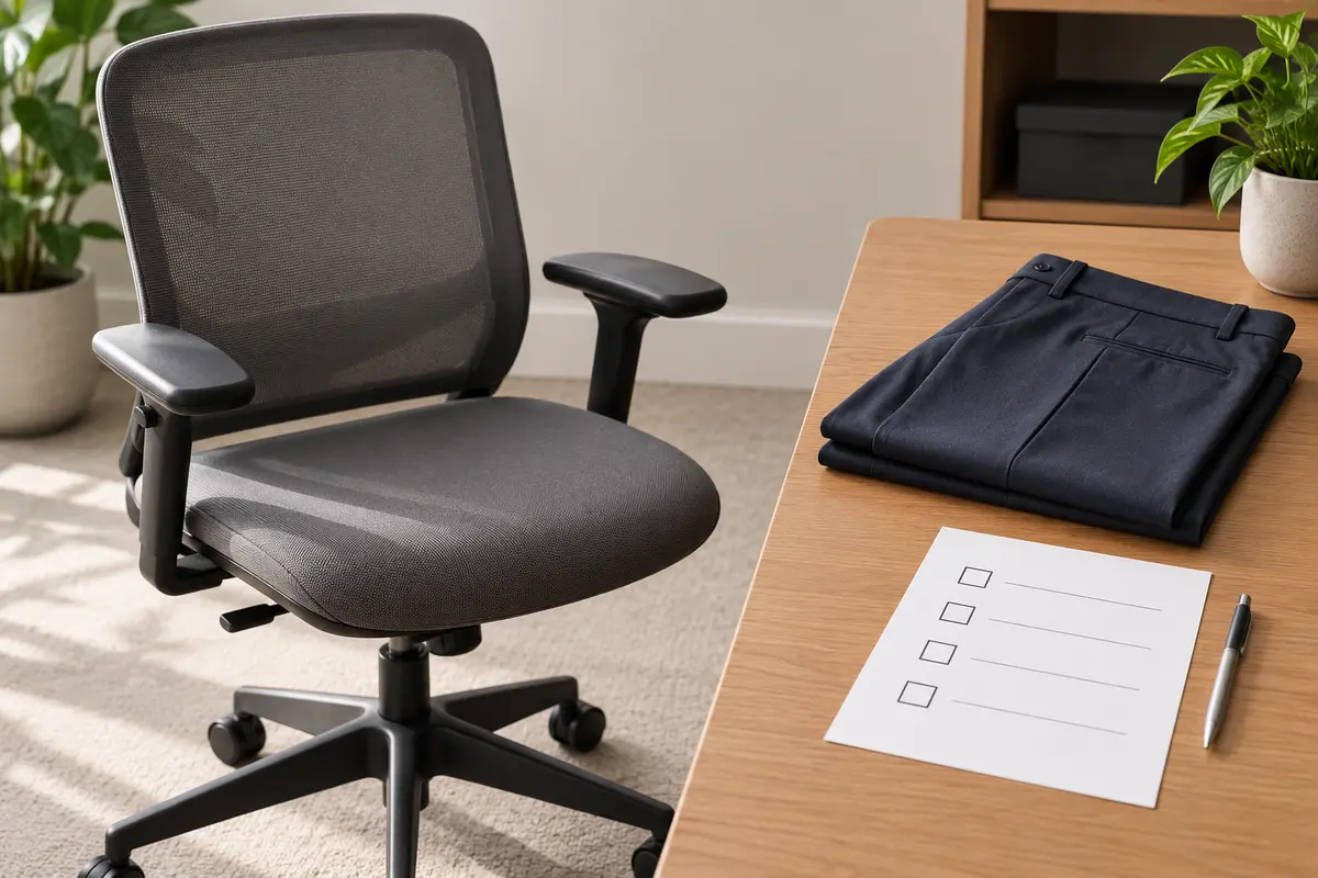 Empty office chair beside trousers and a blank fit checklist