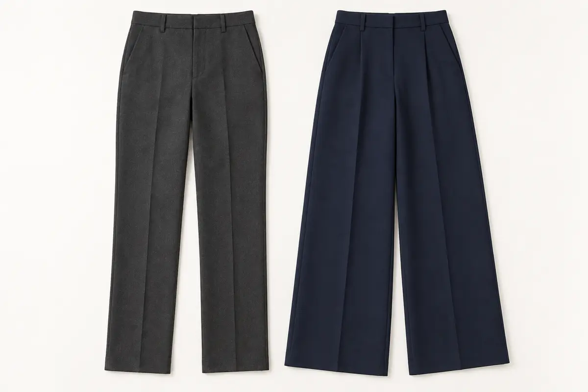 Straight-leg and wide-leg office trousers laid flat side by side