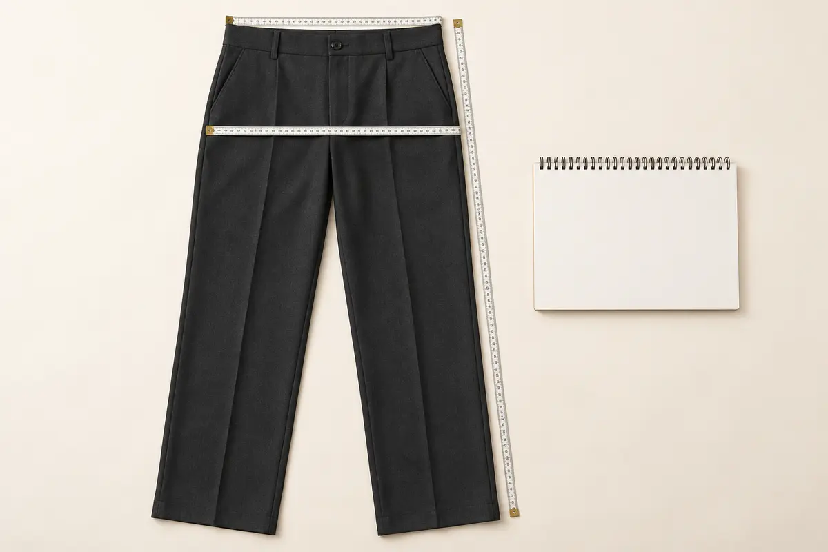Office trousers with measuring tapes across waist, hip and length