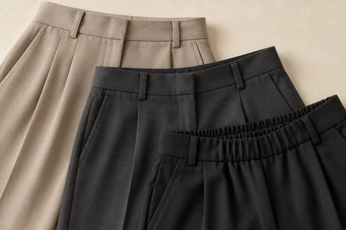 Three office trouser waistbands showing tailored and elastic finishes