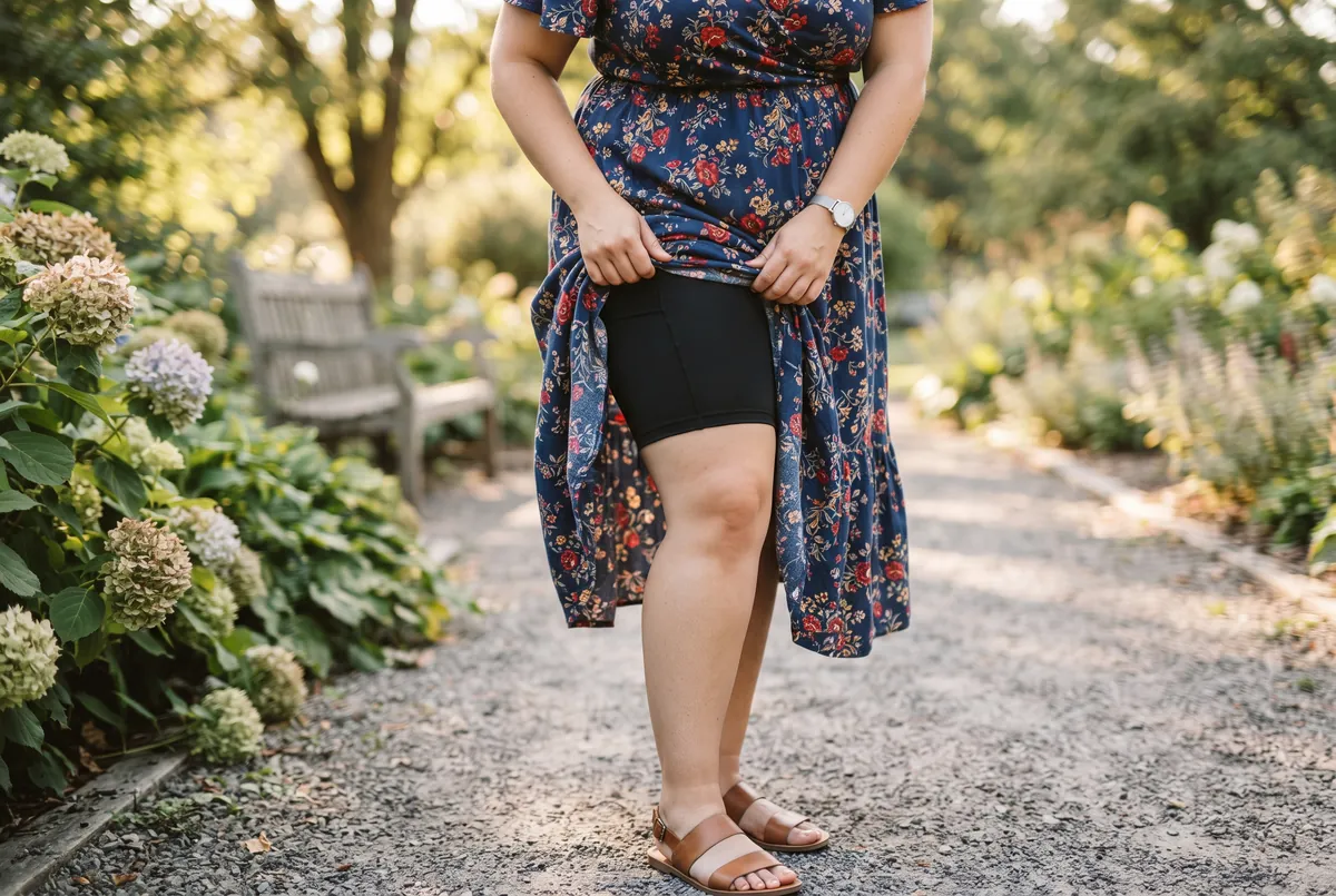 Photo of a woman in a summer dress lifting the hem slightly to show black high-waisted anti-chafe bike shorts underneath
