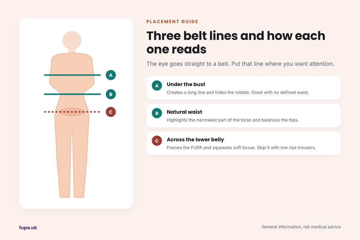 Belt placement guide on a dress form showing an empire line belt, a natural waist belt and a low hip belt that crosses the lower belly