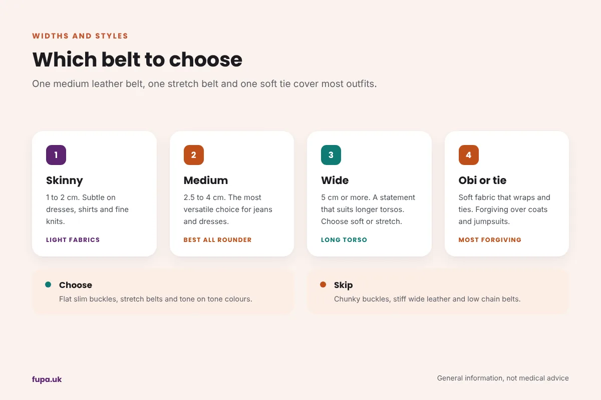 Guide to belt widths for a FUPA: skinny 1 to 2 cm, medium 2.5 to 4 cm, wide 5 cm or more, and soft obi or tie belts