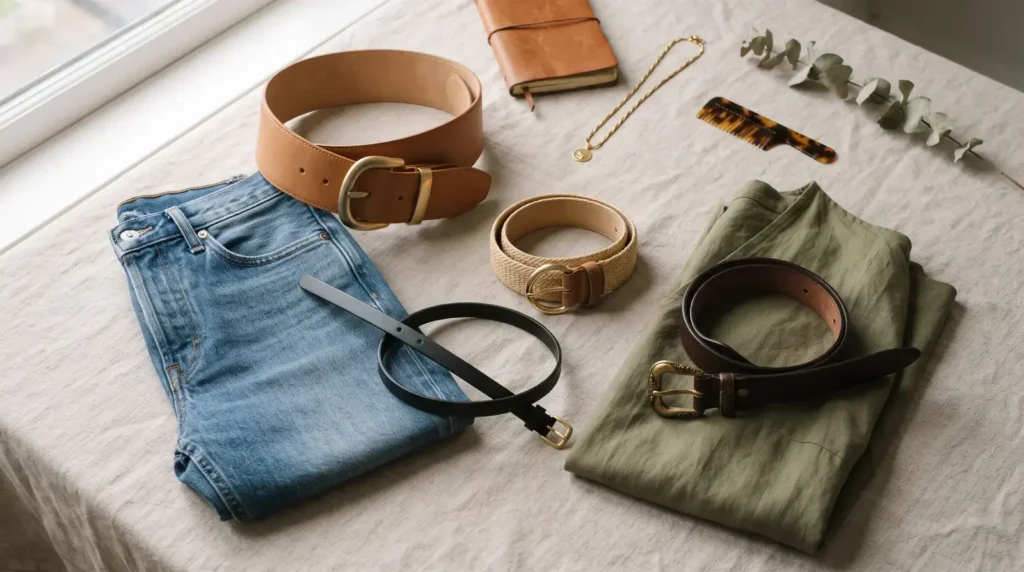 Flat lay of wide leather, woven, skinny and classic belts beside high rise jeans and olive trousers on a linen cloth