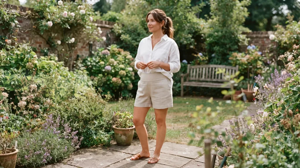 Woman wearing high-rise linen shorts with a wide flat waistband and a tucked white shirt, a flattering choice for a FUPA