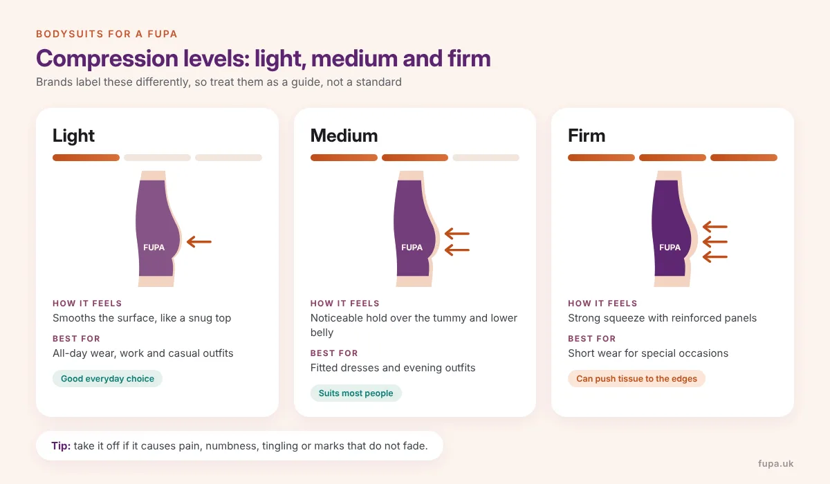 Diagram of light, medium and firm bodysuit compression levels, showing the hold over the lower belly and who each level suits