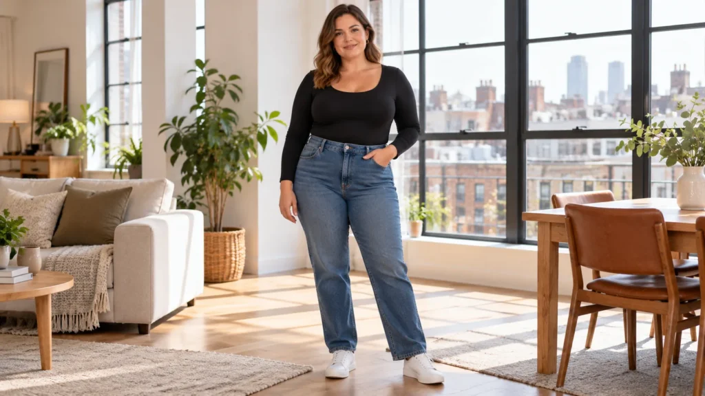 Mid-size woman in a black long-sleeve scoop-neck bodysuit tucked into high-waisted straight-leg jeans in a bright loft apartment