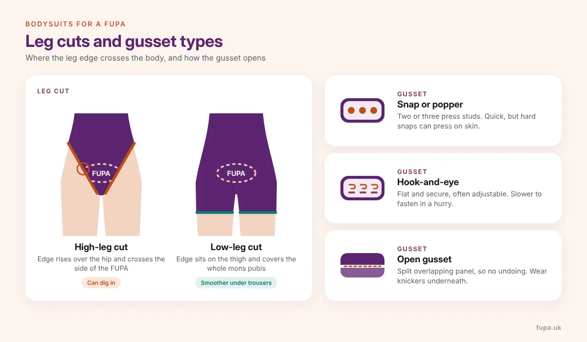 Diagram comparing high-leg and low-leg bodysuit cuts over a FUPA, plus snap, hook-and-eye and open gusset closures