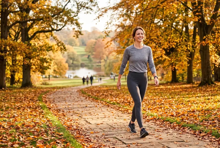 Woman walking briskly along a tree-lined park path in autumn to support FUPA fat loss