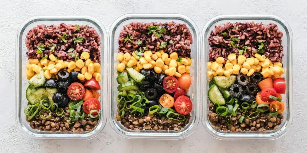 Glass meal prep containers with portioned rice, lentils and vegetables for a calorie deficit