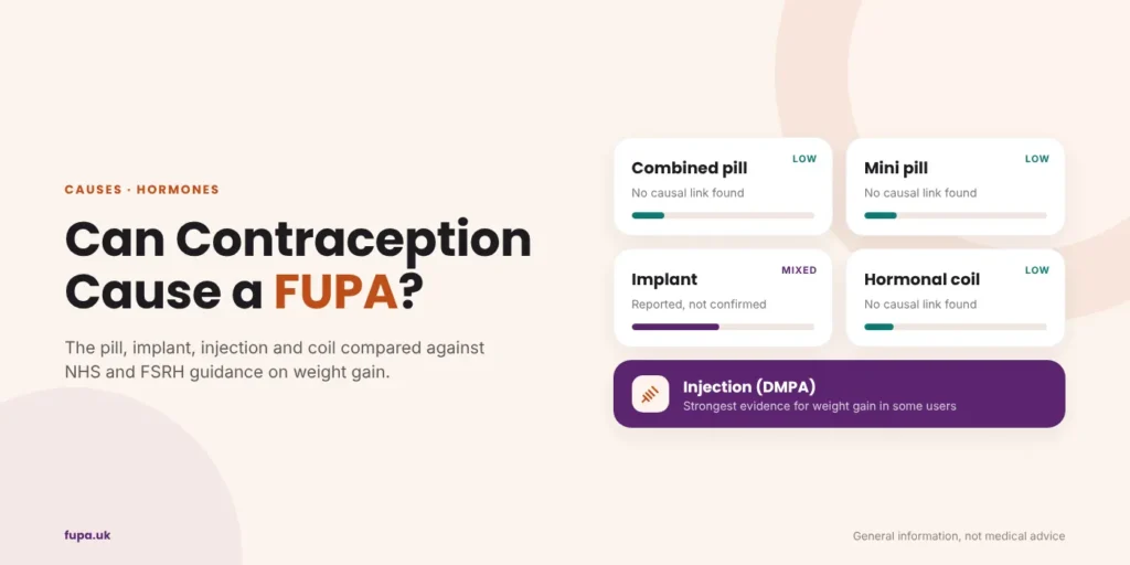 Can contraception cause a FUPA? Title graphic comparing the combined pill, mini pill, implant, hormonal coil and injection by the strength of weight gain evidence