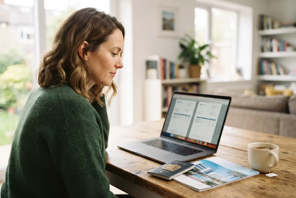 Woman at a UK living room table comparing surgery quotes on a laptop beside a passport and printed clinic brochure