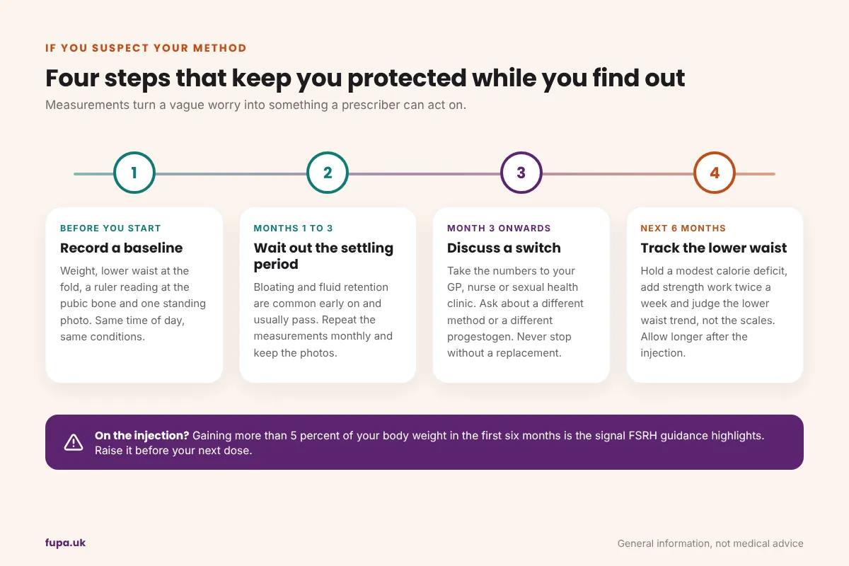 Four-step flow for a woman who thinks her contraception is adding to her FUPA: record a baseline, wait three months, discuss a switch with a prescriber, then track the lower waist for six months