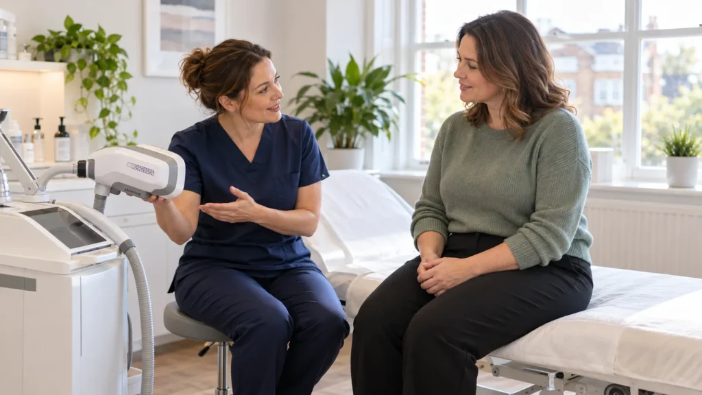 Woman in her late thirties sitting on a treatment couch in a bright UK aesthetic clinic, listening to a clinician explain a non-surgical body-contouring device