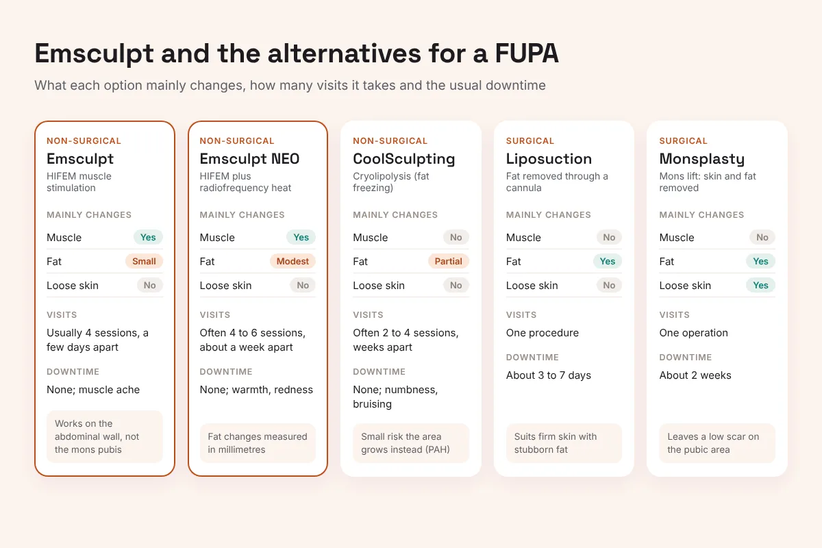 Diagram comparing Emsculpt, Emsculpt NEO, CoolSculpting, liposuction and monsplasty for a FUPA by effect on muscle, fat and loose skin, number of visits and downtime