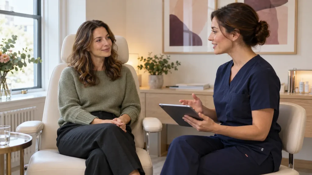 Woman discussing fat-dissolving injections with a female doctor during a consultation in a bright UK clinic