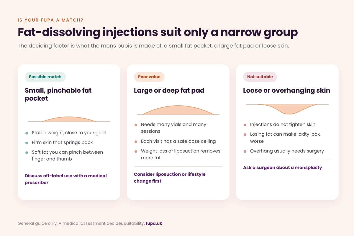 Diagram comparing three FUPA types for fat-dissolving injections: a small pinchable fat pocket as a possible match, a large fat pad as poor value and loose overhanging skin as not suitable