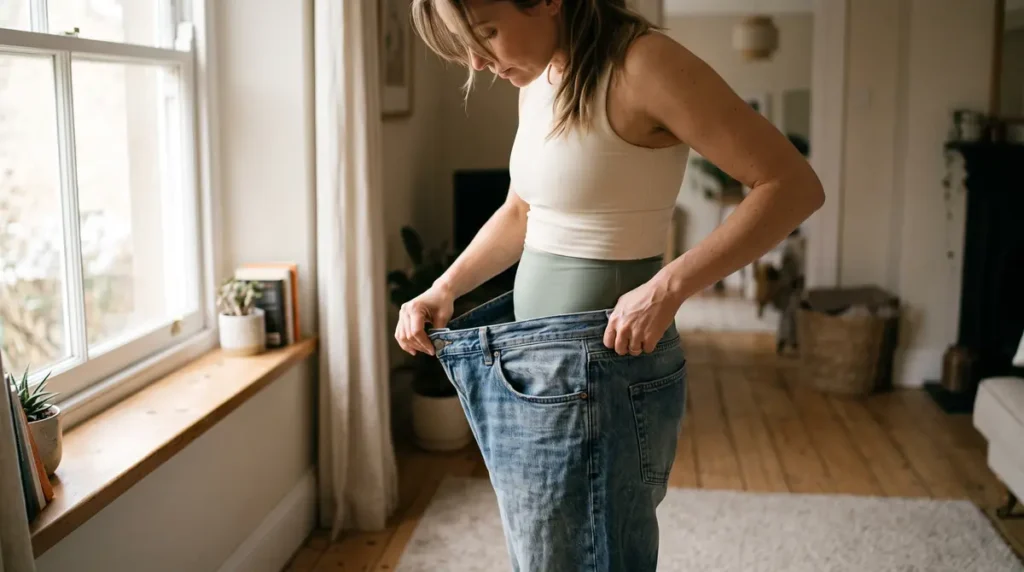 Woman holding out the waistband of her old jeans after weight loss, showing a slimmer lower belly