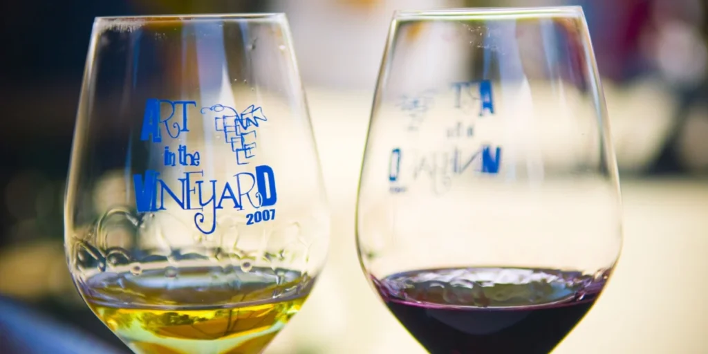 A glass of white wine and a glass of red wine side by side, illustrating FUPA and alcohol calories