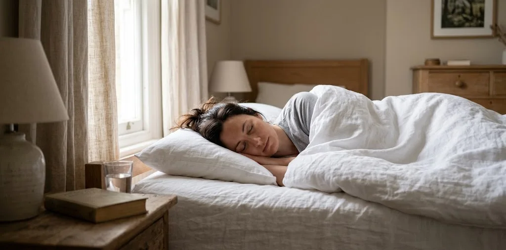 Woman asleep on her side under a white duvet in a calm bedroom with soft morning light