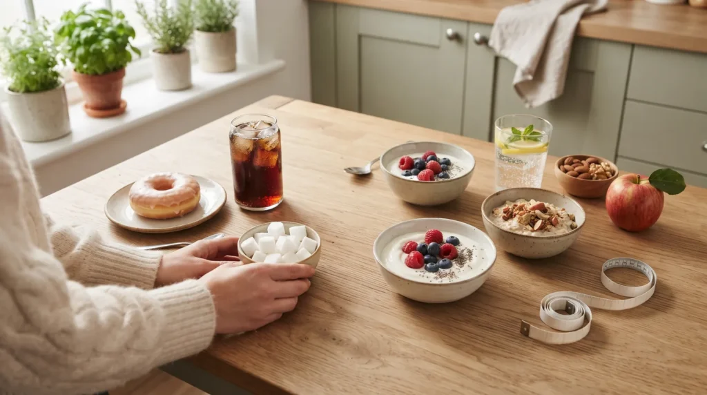 Woman moving sugar cubes aside next to Greek yoghurt, berries and oats on a kitchen table