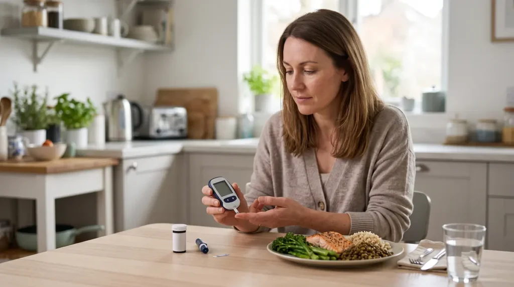 Woman checking her blood glucose with a finger-prick meter beside a balanced lunch plate