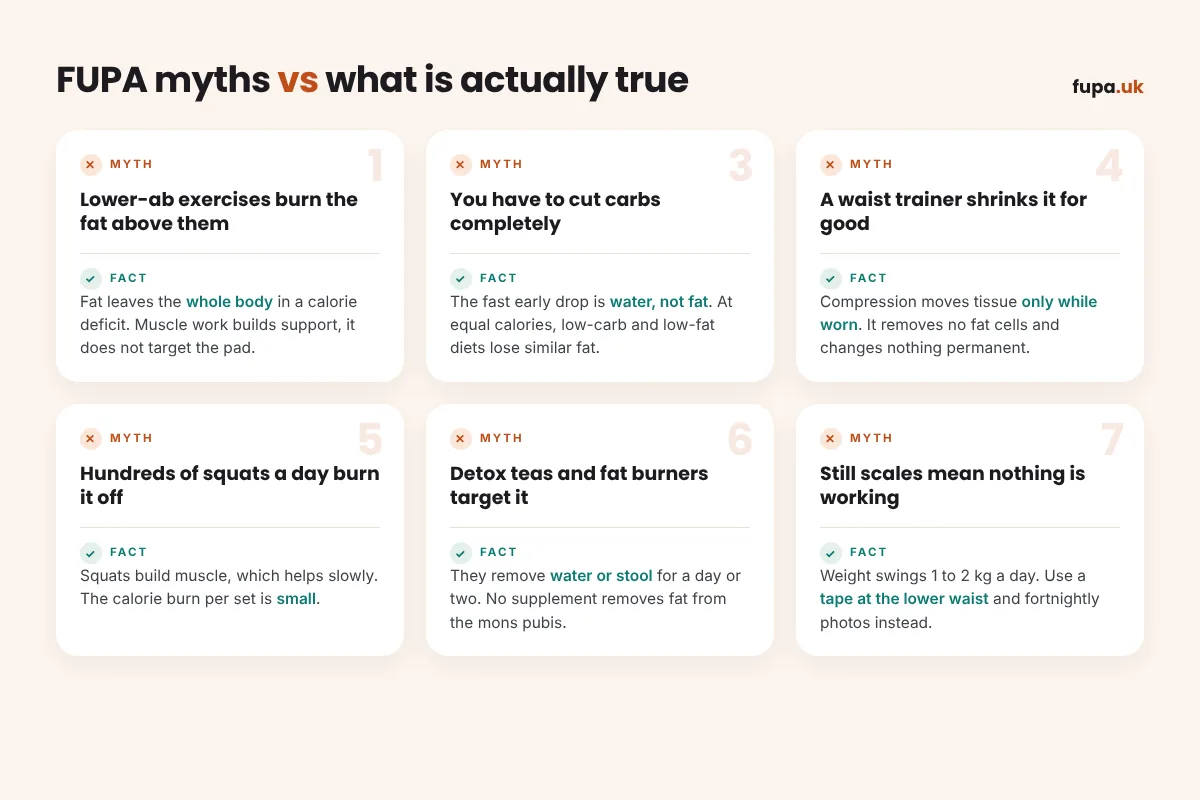 Graphic of six FUPA myth cards each paired with the fact that corrects it, covering spot reduction, carbs, waist trainers, squats, supplements and the scales
