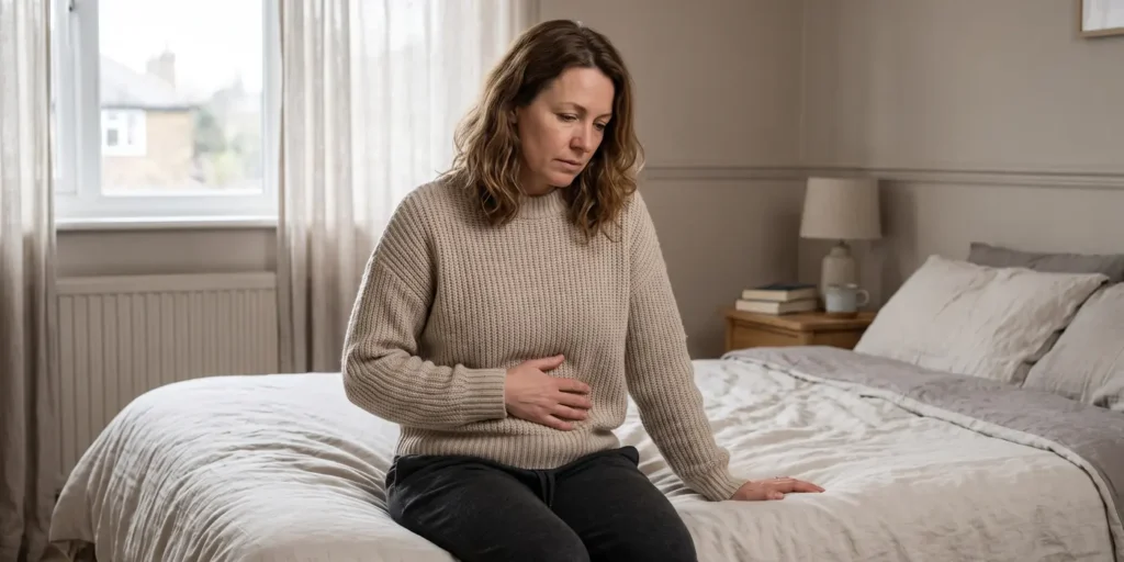Woman sitting on the edge of a bed with one hand resting on her lower tummy over a knit jumper, looking thoughtful