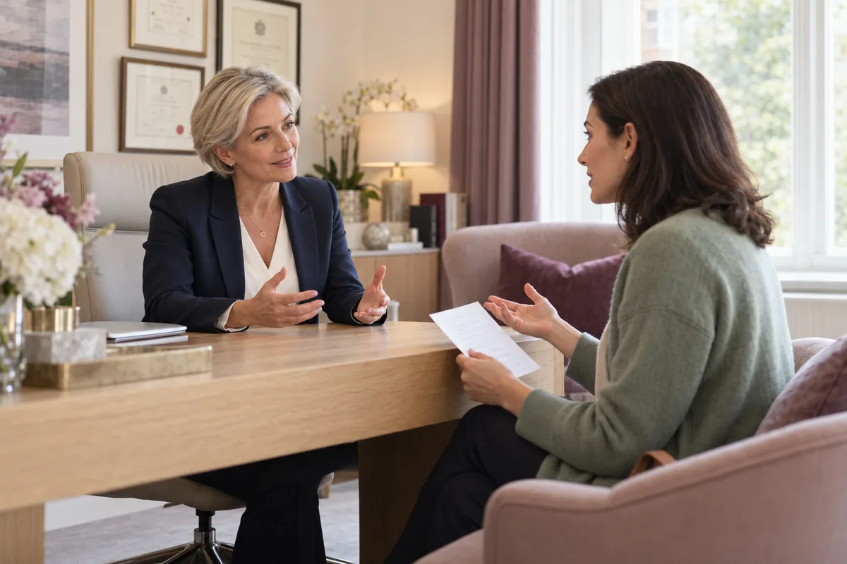 Woman asking a plastic surgeon questions from a written list during a consultation in a bright UK clinic