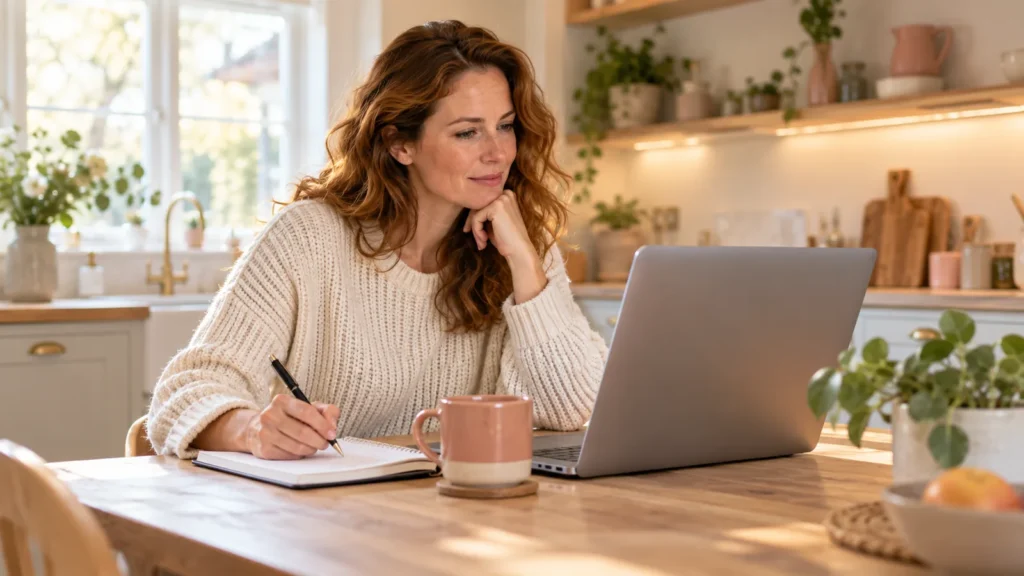 Woman at a kitchen table in a UK home making notes beside a laptop while researching a surgeon for FUPA surgery