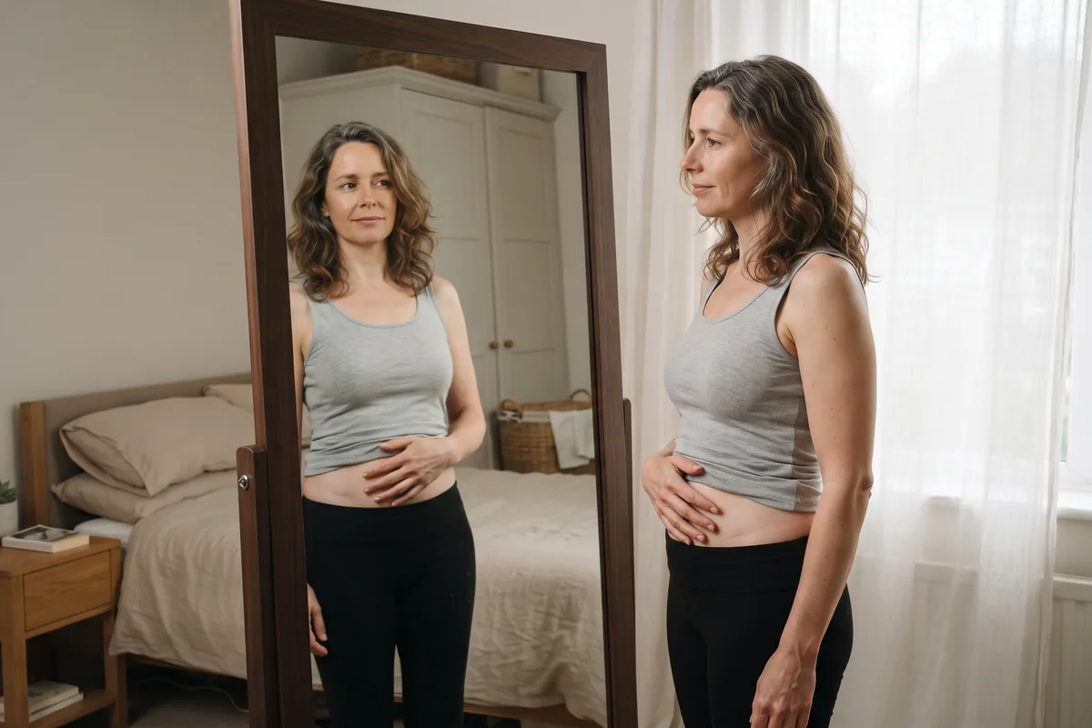 UK woman in her forties standing side-on at a bedroom mirror, gently pressing a hand over her healed lower abdomen