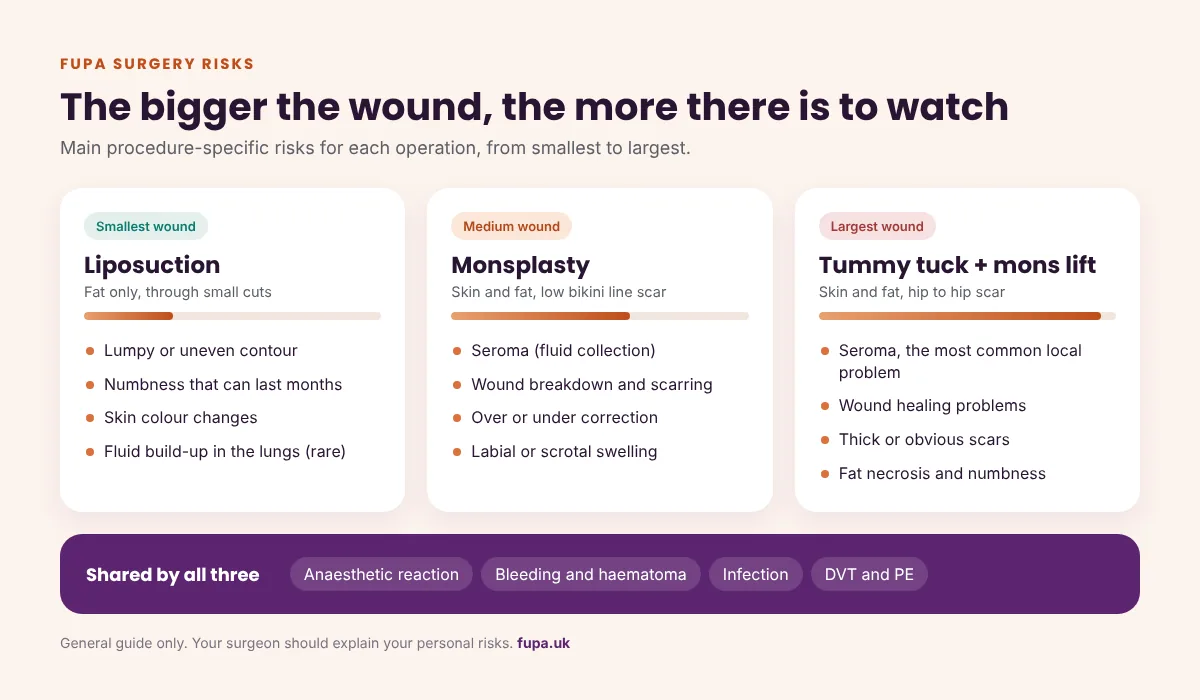 Diagram comparing the main specific risks of liposuction, monsplasty and a tummy tuck with mons lift, with the general surgical risks shared by all three shown underneath