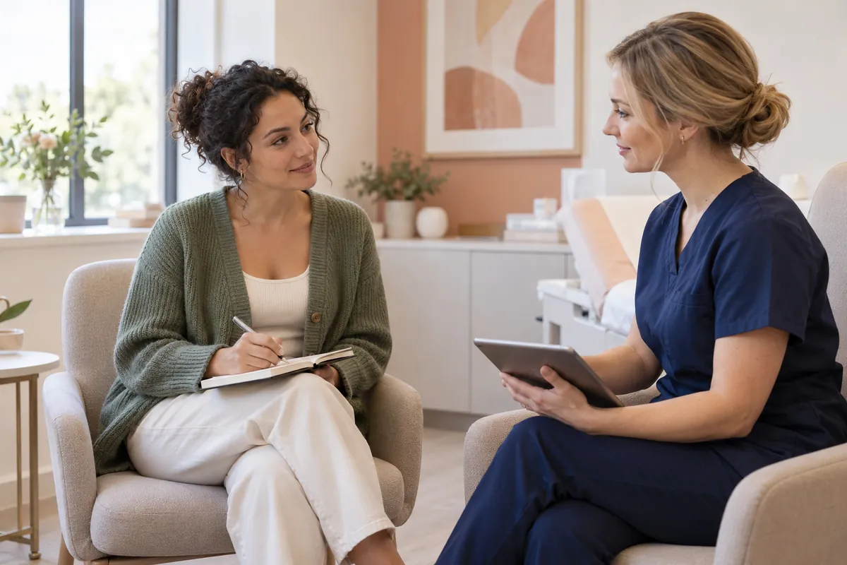 Photo of a woman asking questions and taking notes during a consultation with a plastic surgeon in a bright UK clinic