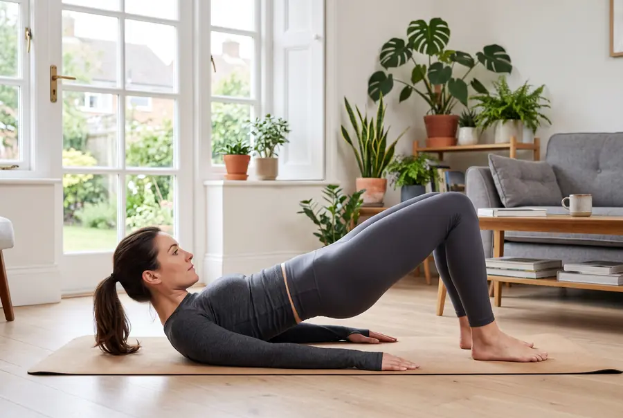 Woman doing a glute bridge on a yoga mat at home to strengthen the core and glutes