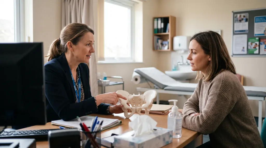 GP pointing to the pubic bone on an anatomical pelvis model while explaining mons pubis anatomy to a patient
