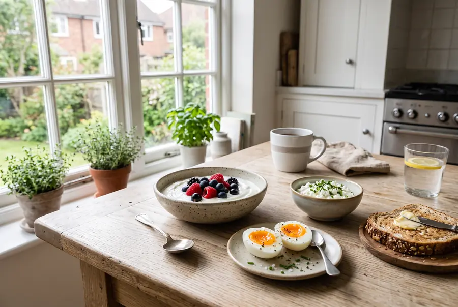 High-protein breakfast of Greek yoghurt with berries, soft-boiled eggs, cottage cheese and wholegrain toast