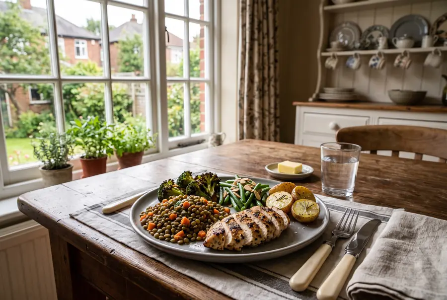 High-protein dinner plate of sliced chicken breast, green lentils, broccoli and green beans