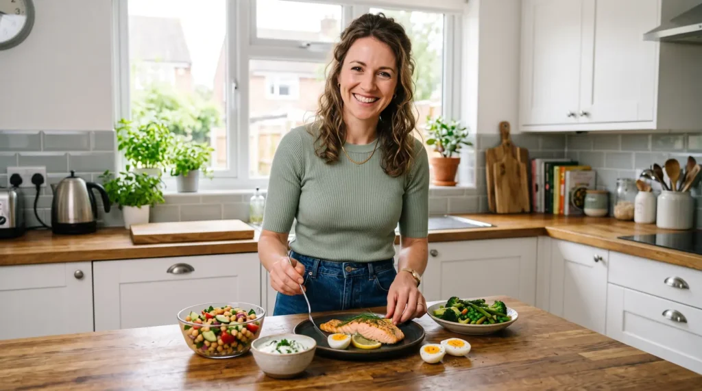 Woman plating a high-protein lunch of salmon, eggs, Greek yoghurt and chickpea salad in a bright kitchen