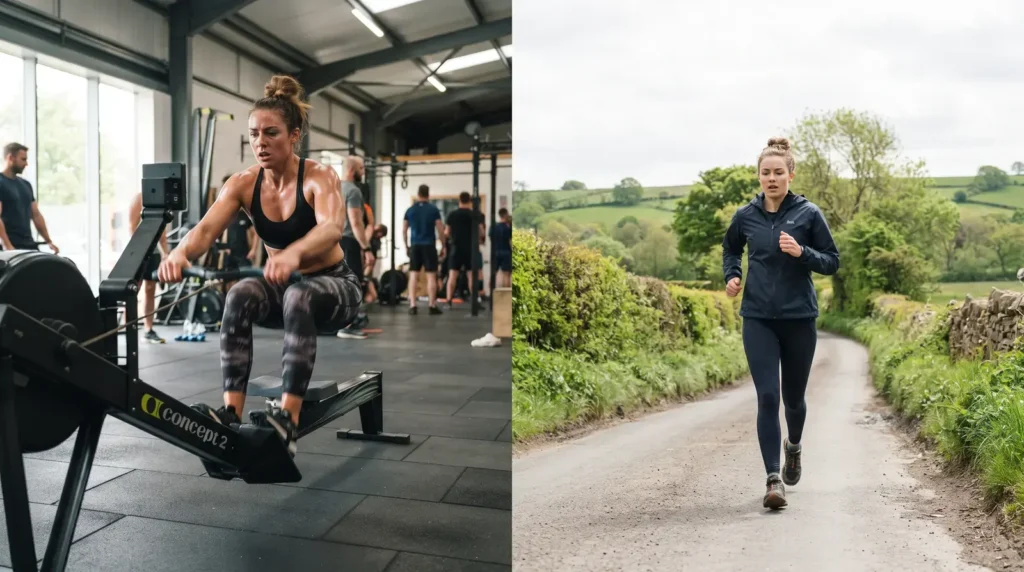 Two scenes side by side: a woman doing hard intervals on a rowing machine and a woman jogging at a steady pace on a country lane