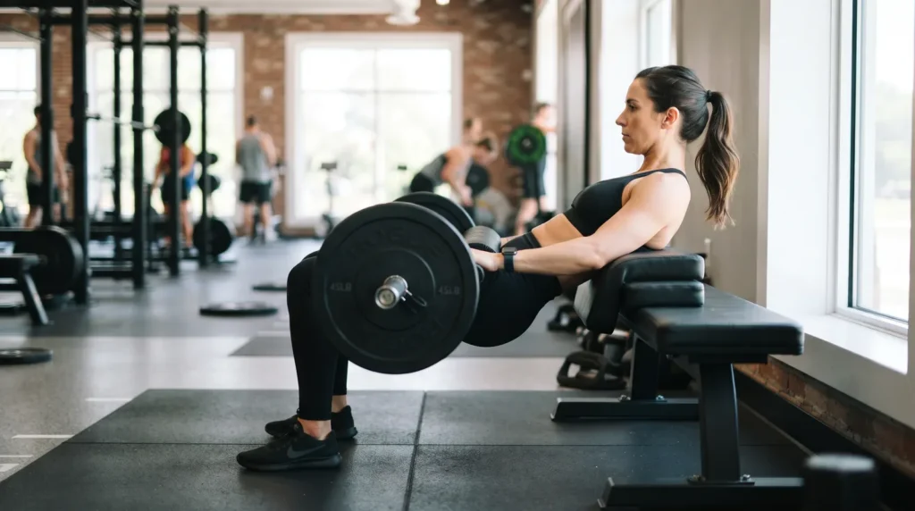 Woman doing a barbell hip thrust with her upper back resting on a bench in a bright gym