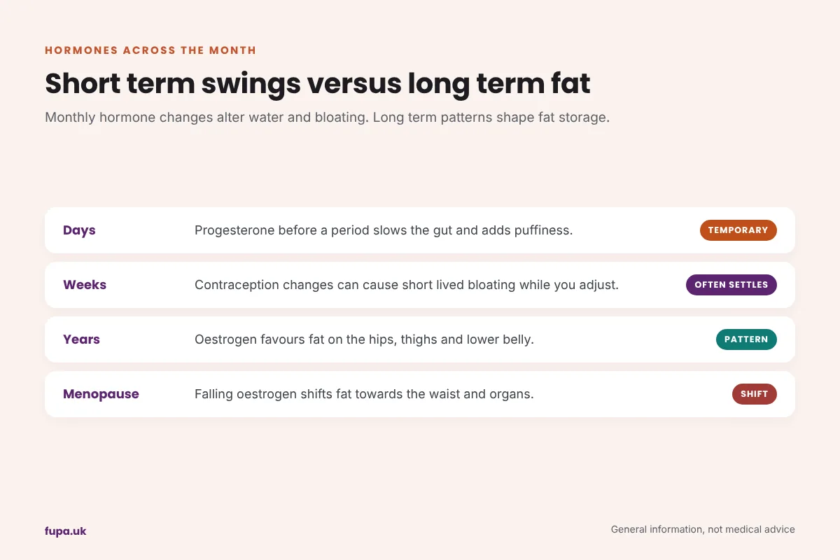 Timeline comparing short term hormone effects on bloating over days and weeks with long term hormone patterns that shape fat storage over years
