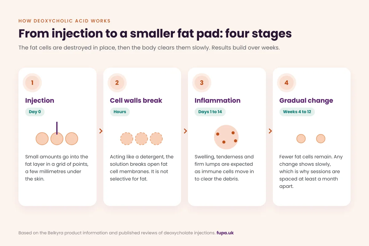 Four-stage diagram showing deoxycholic acid injected into fat cells, cell walls breaking, an inflammation phase over two weeks and fewer fat cells remaining after four to twelve weeks