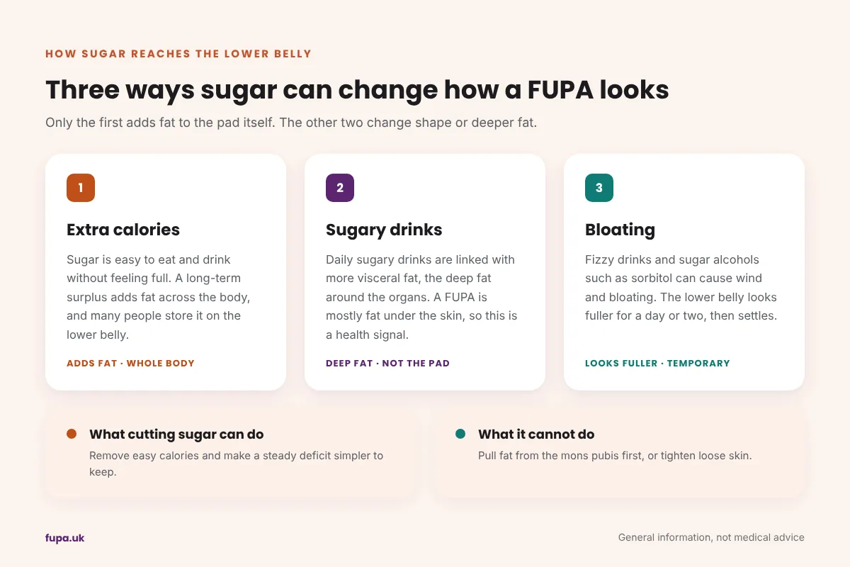 Diagram of three ways sugar can affect a FUPA: extra calories leading to whole-body fat gain, sugary drinks linked with deeper visceral belly fat, and sugar alcohols or fizzy drinks causing temporary bloating
