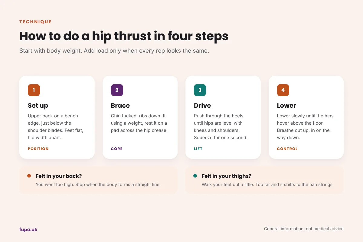 Four step hip thrust technique guide: set up with upper back on a bench, brace, drive through the heels and lower with control