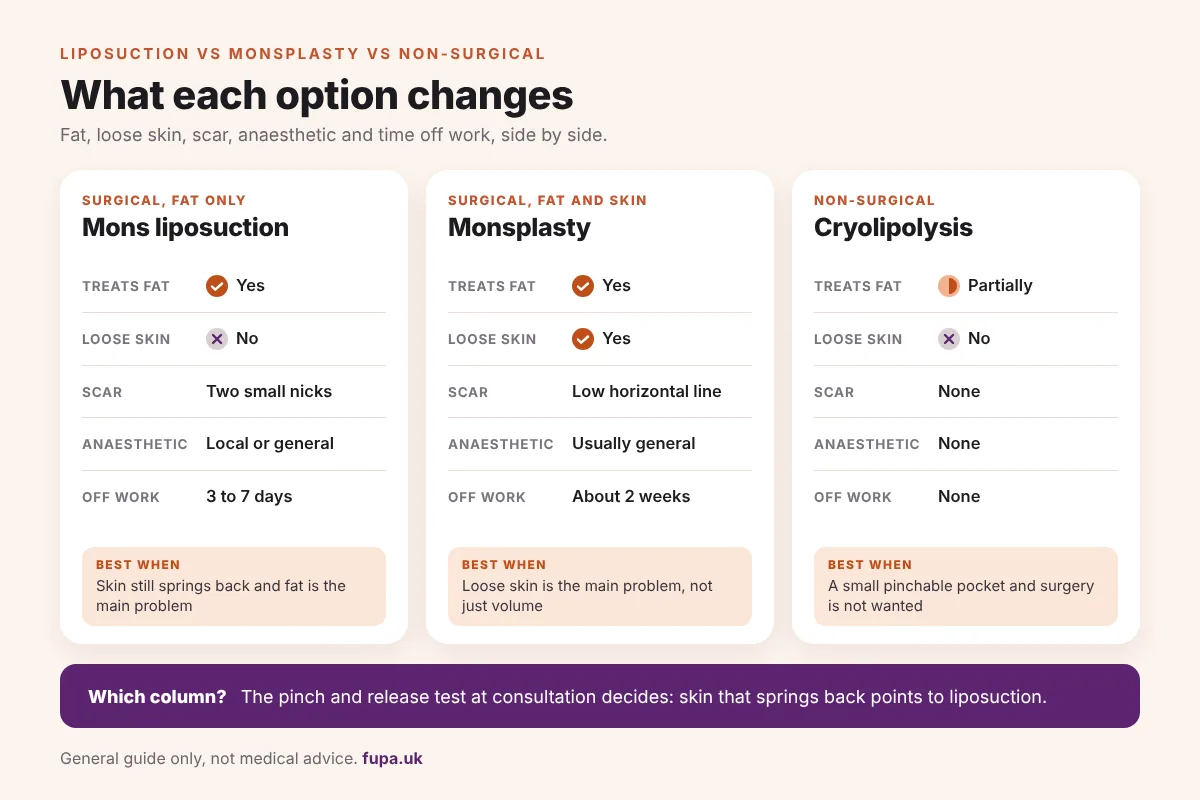 Three column comparison graphic showing what mons liposuction, monsplasty and cryolipolysis each change: fat, loose skin, scar, anaesthetic and time off work