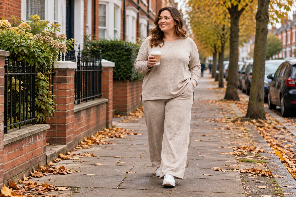 Photo of a plus-size woman in a matching heavyweight jersey loungewear set with wide-leg trousers and a longline top, carrying a coffee on a UK residential street