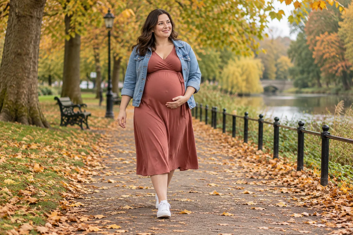 Photo of a pregnant mid-size woman walking in a UK park in a soft jersey wrap midi dress and trainers, the dress falling smoothly over her bump