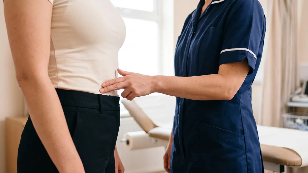 GP gently checking a patient's lower belly through her clothing in a consulting room